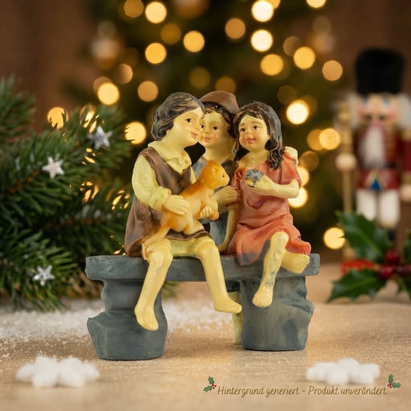 Handbemalte Krippenfigur Kinder auf einer Bank, ca. 7 cm, K 134-3